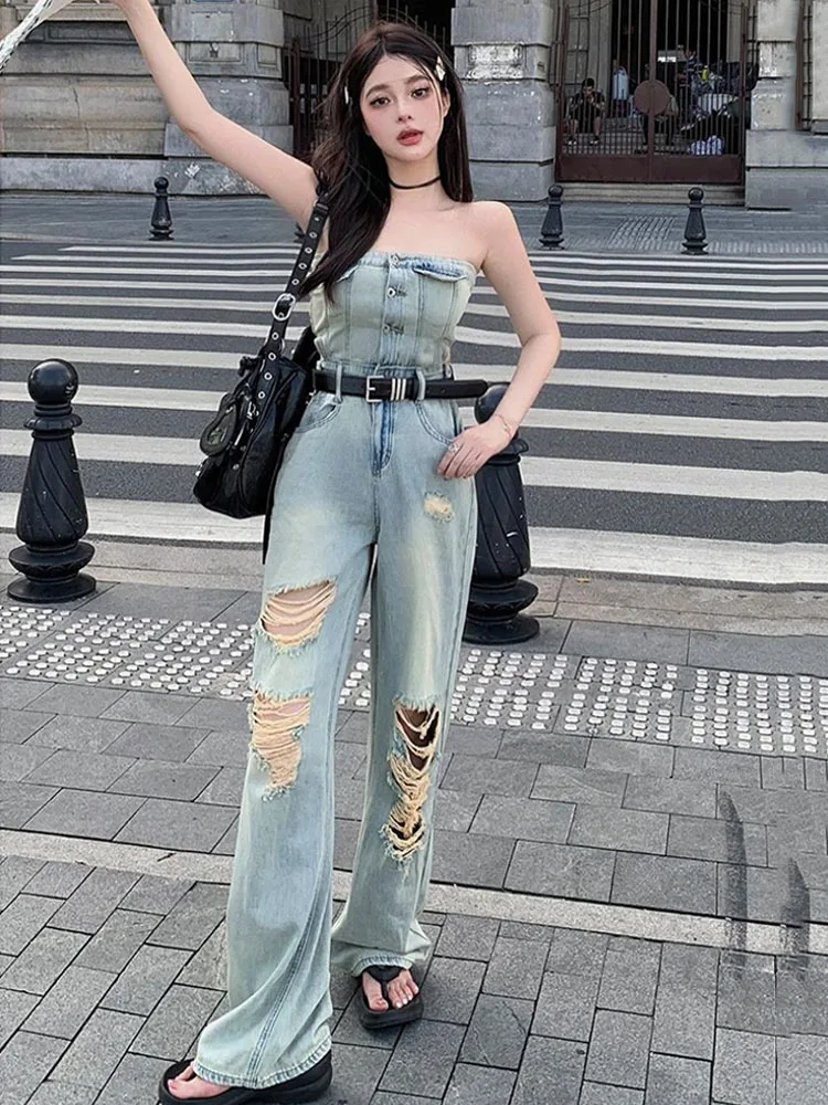 Sexy Vintage Hole Burrs Denim Jumpsuit Women's Off Shoulder Strapless High Waist Hollow Out Jeans 2023 Autumn New
Sexy Vintage Hole Burrs Denim Jumpsuit Women's Off Shoulder Strapless High Waist Hollow Out Jeans 2023 Autumn New