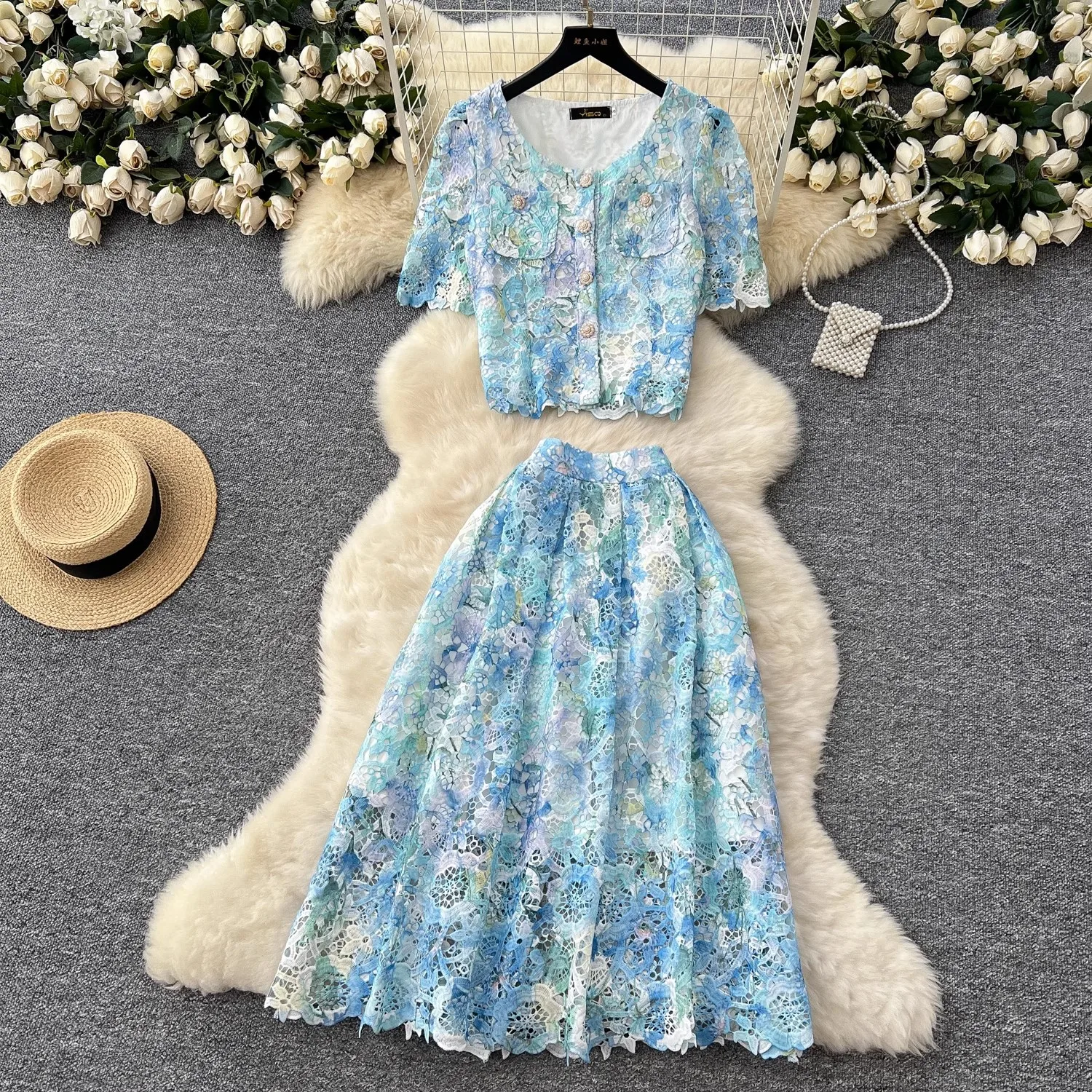 Luxury Two Piece Set Women's Summer Holiday Embroidered Lace Dress with Pearl Buttons Tops And Pleated Midi Skirts
Luxury Two Piece Set Women's Summer Holiday Embroidered Lace Dress with Pearl Buttons Tops And Pleated Midi Skirts
