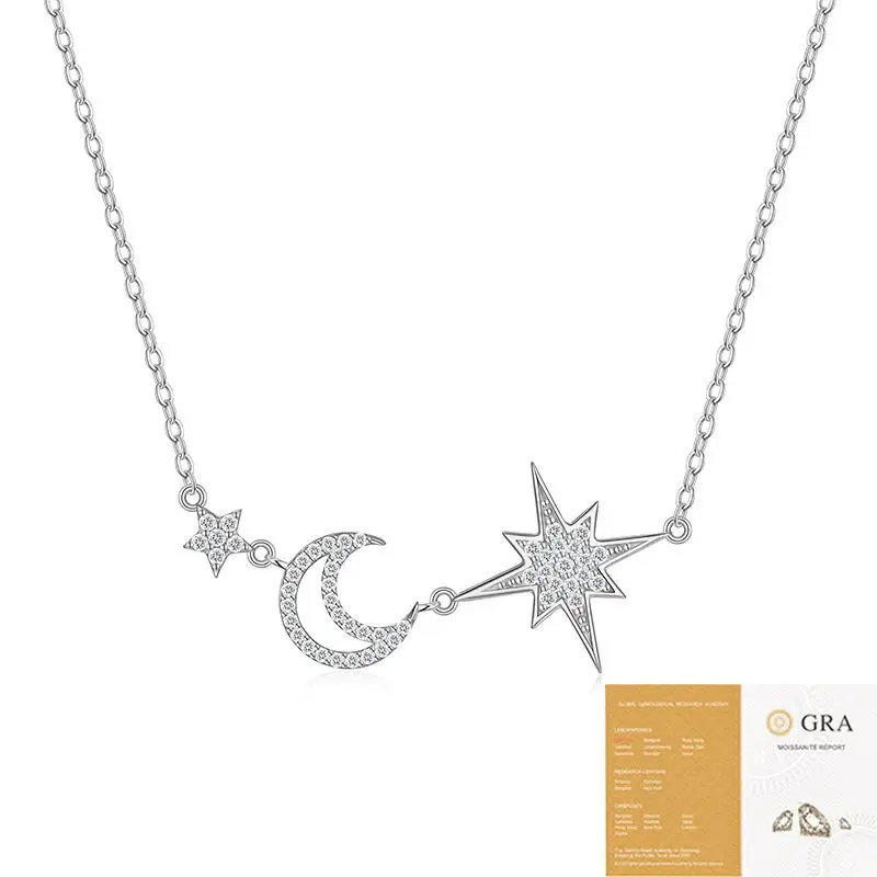 Элегантная цепочка из стерлингового серебра 925 пробы со звездой и луной с замком и встроенным ювелирным изделием из муассанита поставляется с сертификатом GRA
Элегантная цепочка из стерлингового серебра 925 пробы со звездой и луной с замком и встроенным ювелирным изделием из муассанита поставляется с сертификатом GRA