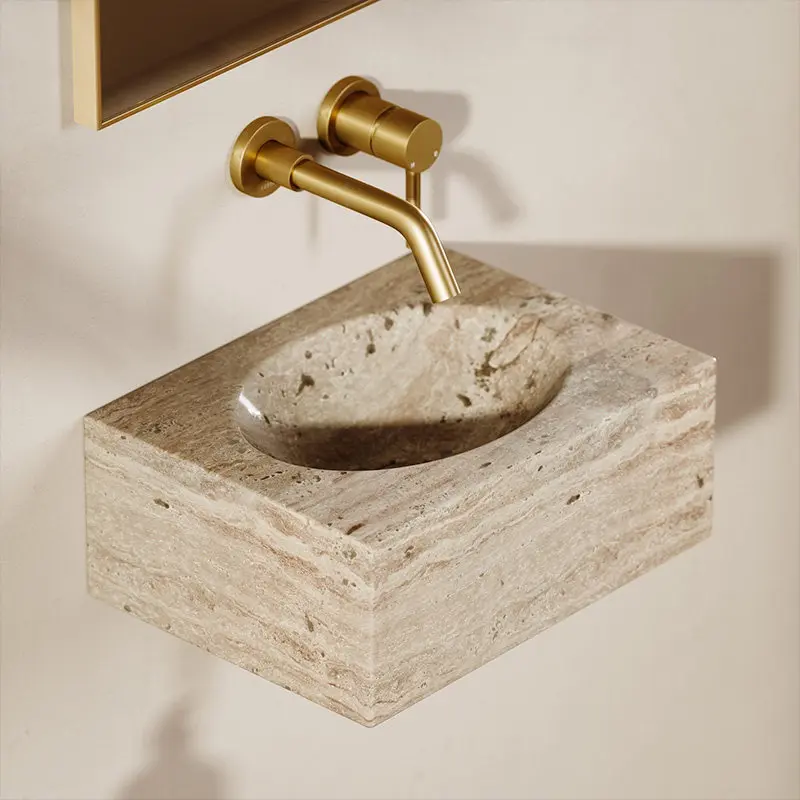 Natural beige limestone modern washbasin, wall-mounted square smooth polished surface small apartment bathroom sink
Natural beige limestone modern washbasin, wall-mounted square smooth polished surface small apartment bathroom sink