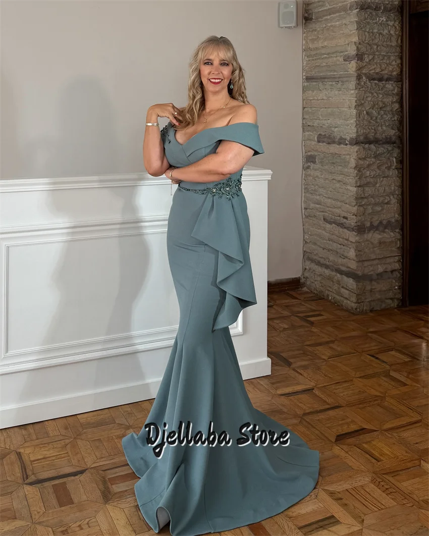 Blue Off Shoulder Evening Dresses Appliques Mermaid Mother Of the Bride Dress Pleated Wedding Party Dress Customized
Blue Off Shoulder Evening Dresses Appliques Mermaid Mother Of the Bride Dress Pleated Wedding Party Dress Customized