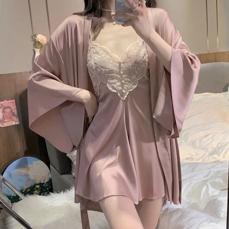 Sexy Backless Sleep Dress Silk V Neck Lace Home Clothing Sleepwear Nightdress Casual Outside Homedress 2Pcs Nightgown Robe
Sexy Backless Sleep Dress Silk V Neck Lace Home Clothing Sleepwear Nightdress Casual Outside Homedress 2Pcs Nightgown Robe