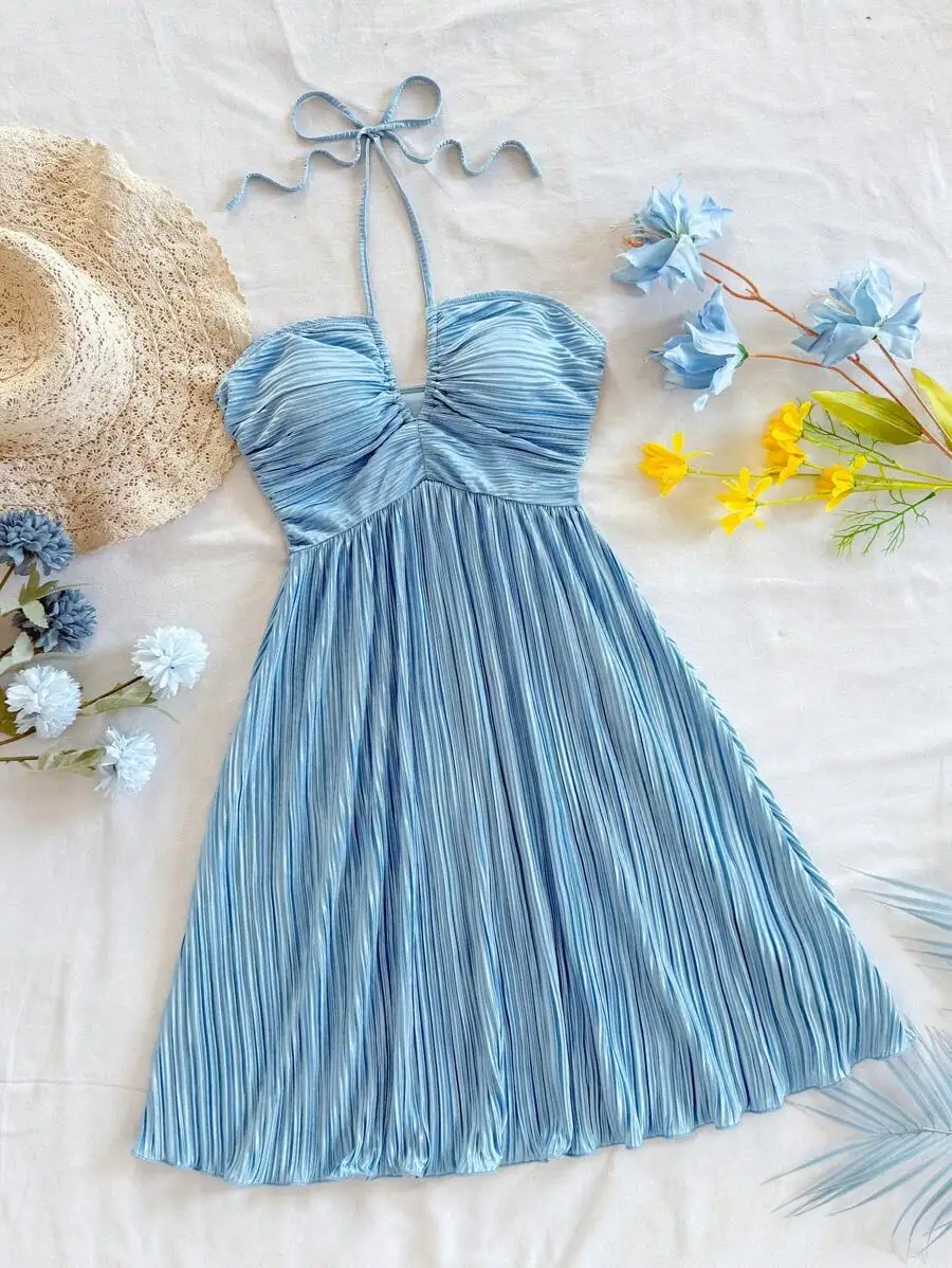 Women Blue Pleated Halter Mini Dress Summer Boho Vacation Outfit
Women Blue Pleated Halter Mini Dress Summer Boho Vacation Outfit