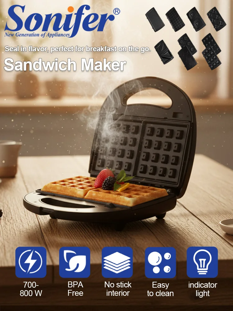 Sonifer SF-6054 7 in 1 Sandwich Maker 800W Electric Breakfast Machine with 7 Replaceable Non-stick Plates Waffle Nut Donut Maker
Sonifer SF-6054 7 in 1 Sandwich Maker 800W Electric Breakfast Machine with 7 Replaceable Non-stick Plates Waffle Nut Donut Maker