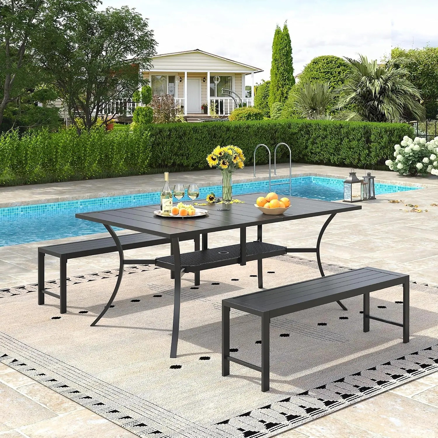 3 Piece Outdoor Patio Dining Set 59" Rectangle Table Umbrella Hole 51" Backless Garden Bench Lawn Porch Backyard, Customized
3 Piece Outdoor Patio Dining Set 59" Rectangle Table Umbrella Hole 51" Backless Garden Bench Lawn Porch Backyard, Customized