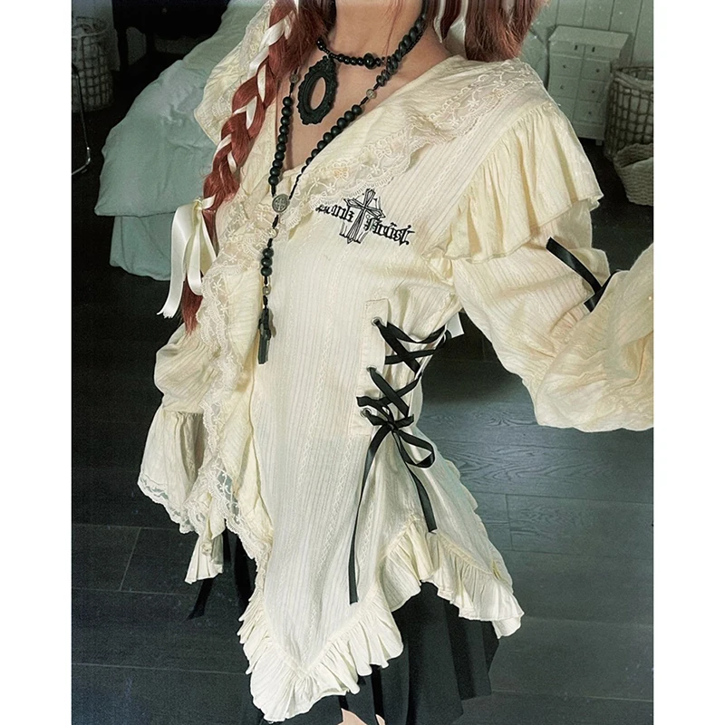 Y2K Aesthetics Lace Shirt Women Grunge Gothic Irregular Blouses Fairy Harajuku Bandage Shirt Vintage Lolita Clothes Mall Goth
Y2K Aesthetics Lace Shirt Women Grunge Gothic Irregular Blouses Fairy Harajuku Bandage Shirt Vintage Lolita Clothes Mall Goth