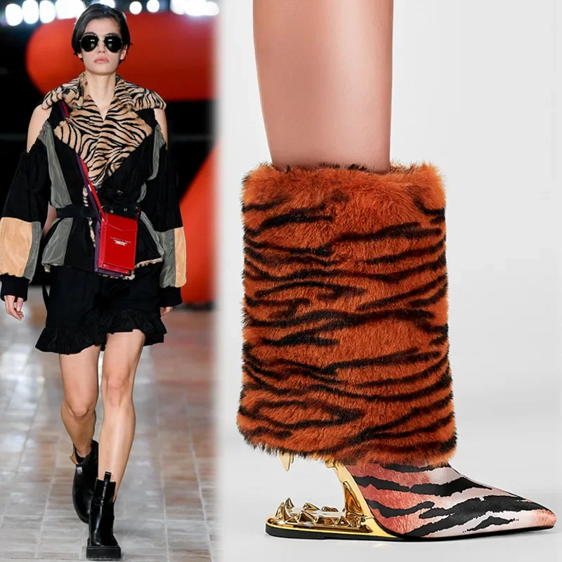 Pointed Toe Tiger Pattern Shaped Heel Ankle Boots Plus Size Slim Side Zip Color Block Botines Plush Personalized Short Boats
Pointed Toe Tiger Pattern Shaped Heel Ankle Boots Plus Size Slim Side Zip Color Block Botines Plush Personalized Short Boats