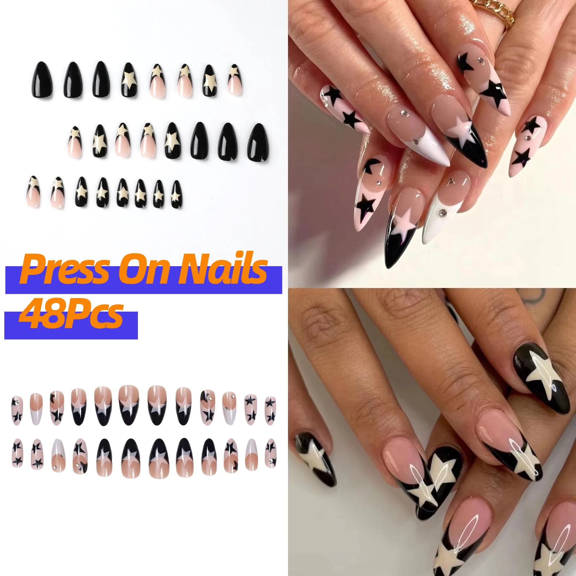 48Pcs Almond Press on Nails Pink Black French Tip Fake Nails Star Printed Charm Manicure Y2K Girls Full Cover Acrylic False Nail
48Pcs Almond Press on Nails Pink Black French Tip Fake Nails Star Printed Charm Manicure Y2K Girls Full Cover Acrylic False Nail