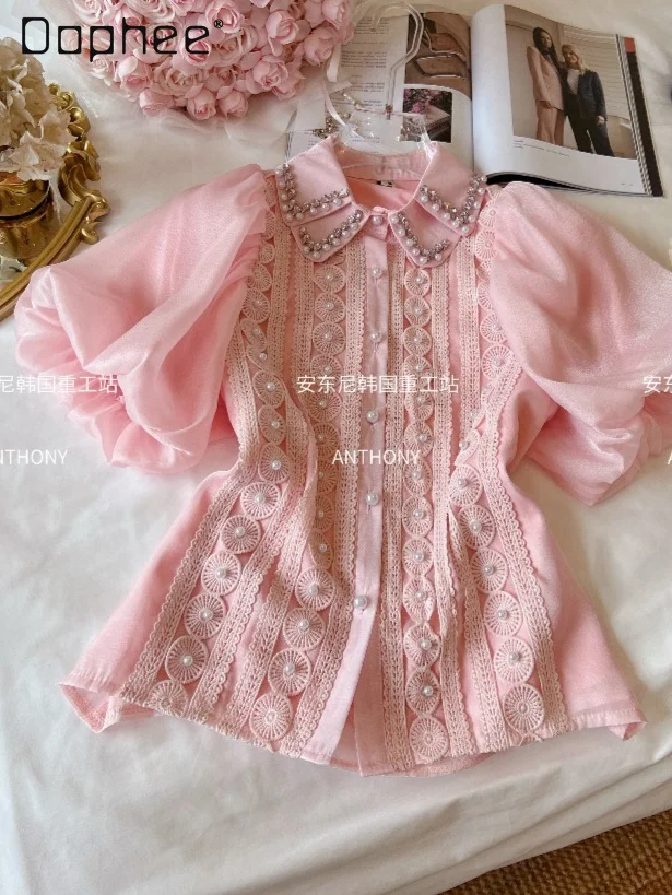 Heavy Industry Diamond-encrusted Doll Collar Bubble Sleeve Chiffon Shirt for Women Elegant Socialist Fashion Loose Short Blouses
Heavy Industry Diamond-encrusted Doll Collar Bubble Sleeve Chiffon Shirt for Women Elegant Socialist Fashion Loose Short Blouses