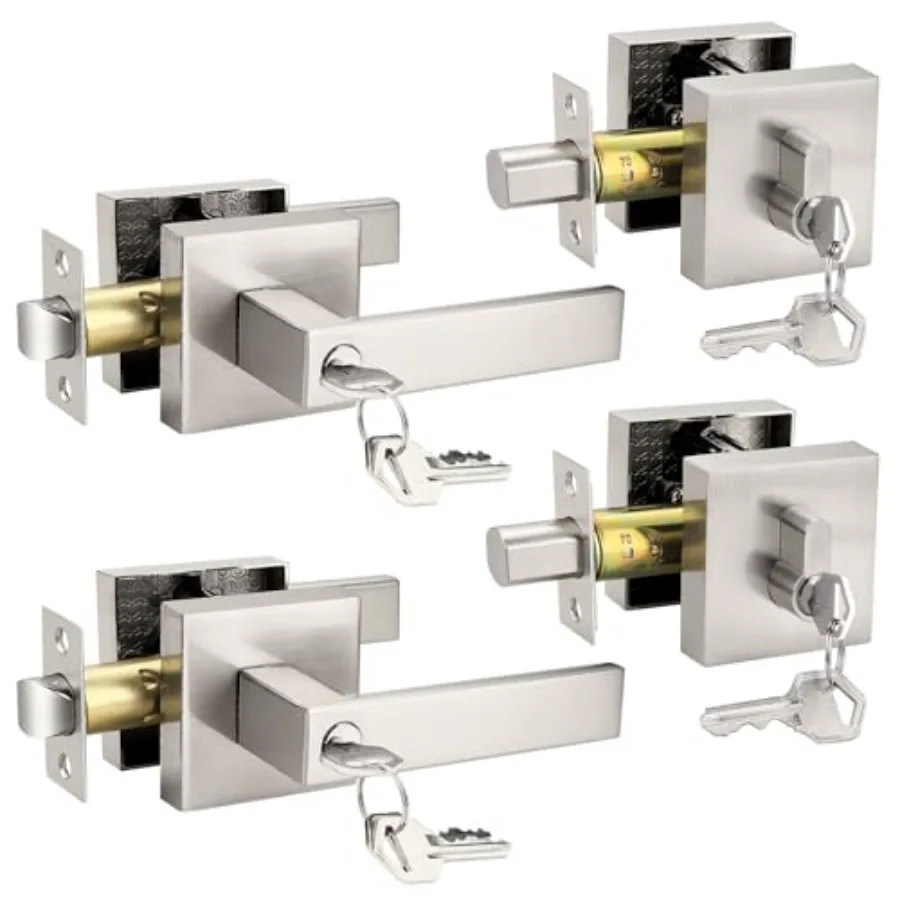 Square Entry Levers and Single Cylinder Deadbolts Combo Pack, Satin Nickel Keyed Alike Heavy Duty Keyed Entry Handles Locksets
Square Entry Levers and Single Cylinder Deadbolts Combo Pack, Satin Nickel Keyed Alike Heavy Duty Keyed Entry Handles Locksets