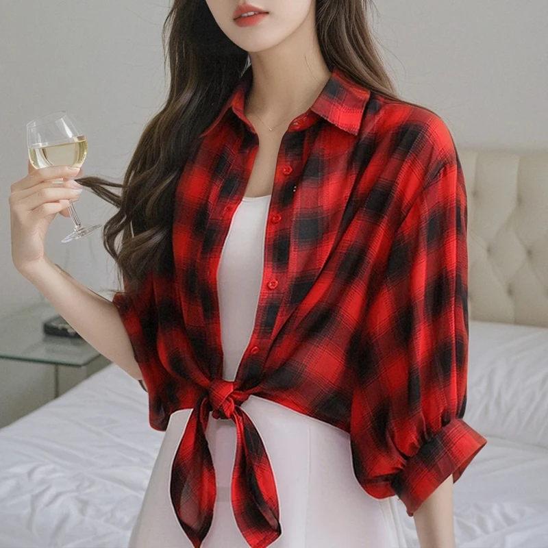 Summer Fashion Sunscreen Shirt Turn Down Collar Elegant Women Shirt Plaid Chiffon Blouse Women Tops Camisas De Mujer Blusas N536
Summer Fashion Sunscreen Shirt Turn Down Collar Elegant Women Shirt Plaid Chiffon Blouse Women Tops Camisas De Mujer Blusas N536