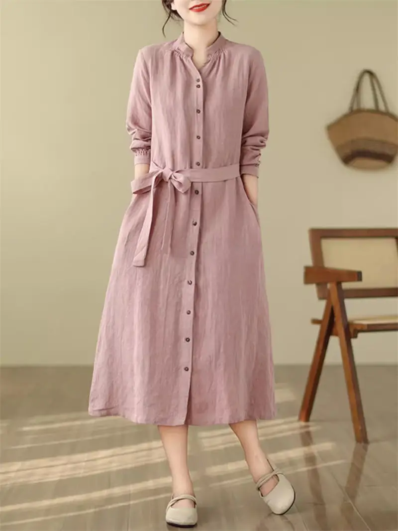 French Linen V-Neck Solid Color Waistband Dress Spring Loose Size Large Size Long Sleeve Single Breasted Midi Dress Women z4824
French Linen V-Neck Solid Color Waistband Dress Spring Loose Size Large Size Long Sleeve Single Breasted Midi Dress Women z4824
