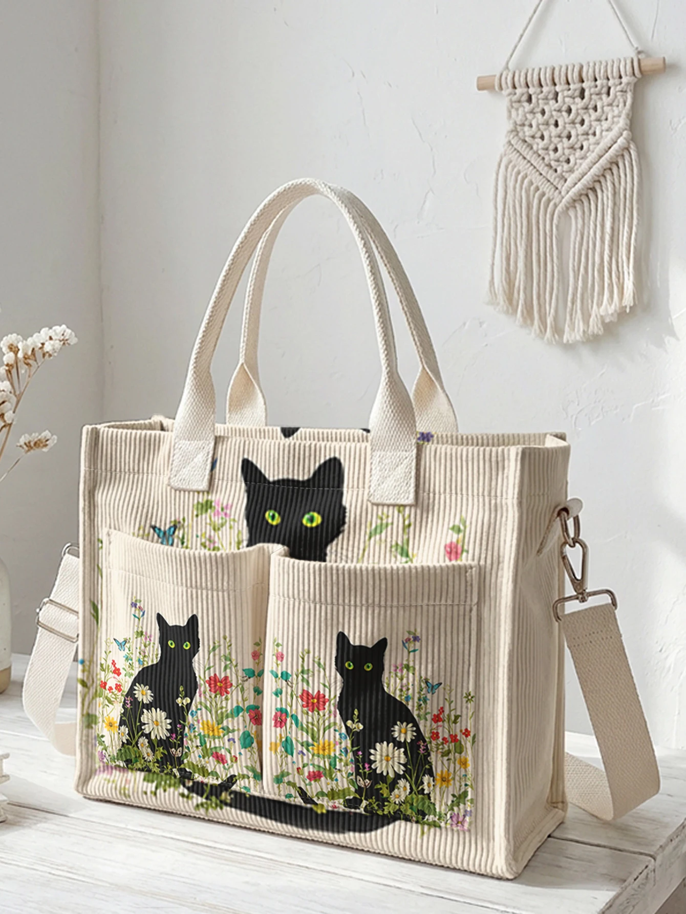 Black Cat & Wildflower Print Corduroy Tote Bag Large Capacity Multi Pocket Cat Lover Commuter Shoulder Bag
Black Cat & Wildflower Print Corduroy Tote Bag Large Capacity Multi Pocket Cat Lover Commuter Shoulder Bag