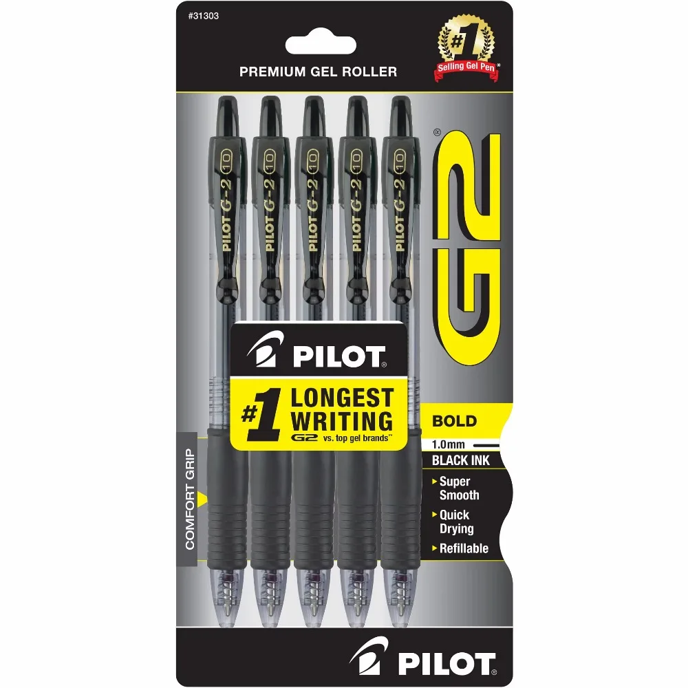 Pilot G2 Retractable Gel Ink Pens, Bold Point, 1.00 mm, Black Ink, 5 Count
Pilot G2 Retractable Gel Ink Pens, Bold Point, 1.00 mm, Black Ink, 5 Count