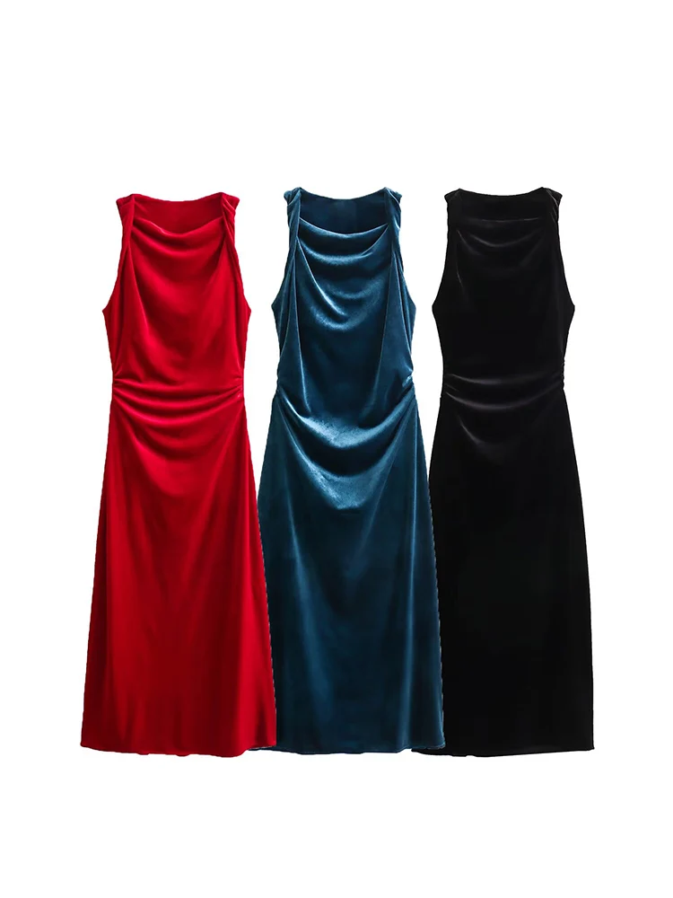 Women 2024 Spring New Chic Fashion Fold Decoration Velvet Midi Dress Vintage Sleeveless Female Dresses Robe Mujer
Women 2024 Spring New Chic Fashion Fold Decoration Velvet Midi Dress Vintage Sleeveless Female Dresses Robe Mujer