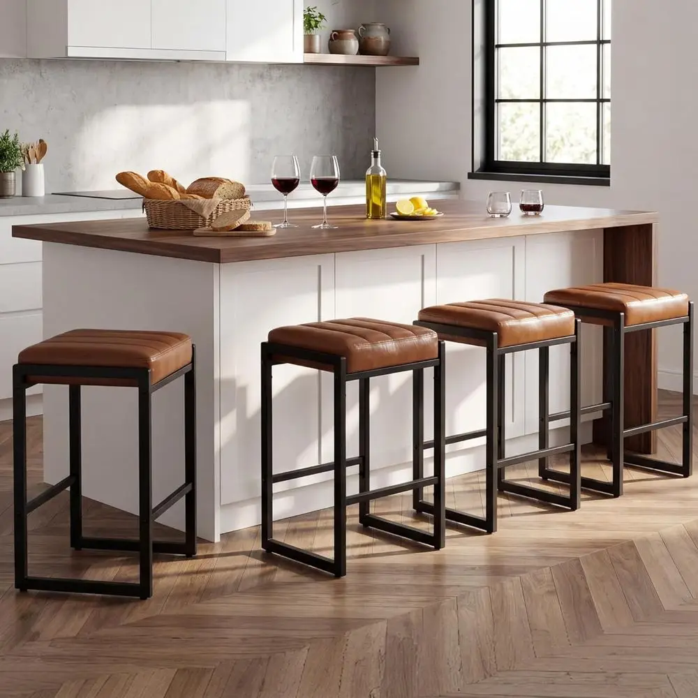 Set of 4 Brown Leatherette Square Back Bar Stools with Metal Frame for Kitchen Island
Set of 4 Brown Leatherette Square Back Bar Stools with Metal Frame for Kitchen Island