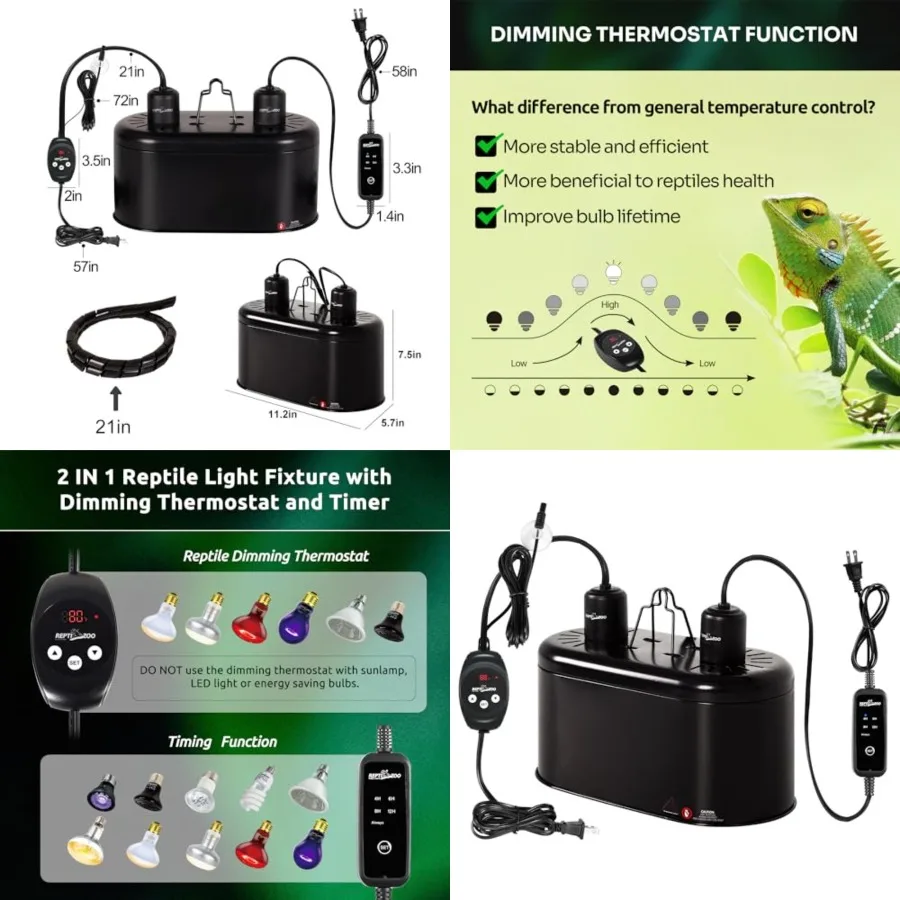 Dual Reptile Light Fixture with Dimming Thermostat and Timer, Deep Dome Lamp Fixture with Independent Reptile Dimming Thermosta
Dual Reptile Light Fixture with Dimming Thermostat and Timer, Deep Dome Lamp Fixture with Independent Reptile Dimming Thermosta