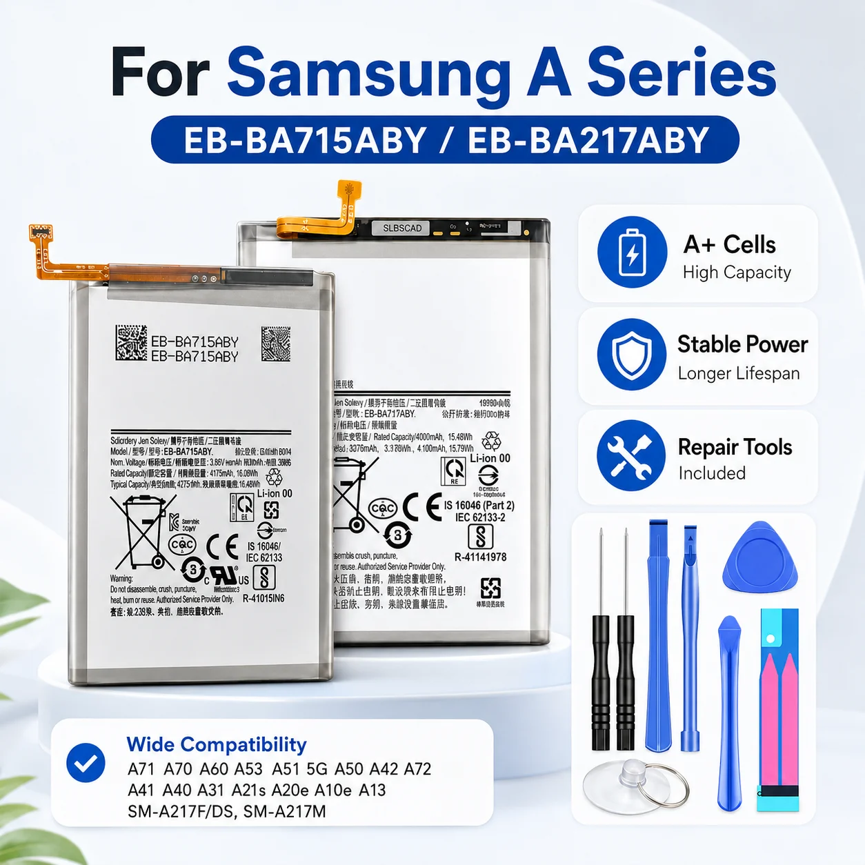 Replacement Battery for Samsung Galaxy A53 A51 A71 A70 A50 A33 A13 A72 5G with Repair Tools Kit
Replacement Battery for Samsung Galaxy A53 A51 A71 A70 A50 A33 A13 A72 5G with Repair Tools Kit