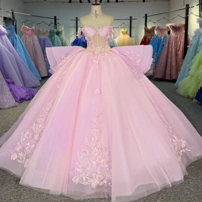 Pink Shiny Quinceanera Dresses Ball Gown Off The Shoulder Applique Flower Beads Tull Corset Sweet 16 Dress Vestidos 15 De Anos
Pink Shiny Quinceanera Dresses Ball Gown Off The Shoulder Applique Flower Beads Tull Corset Sweet 16 Dress Vestidos 15 De Anos