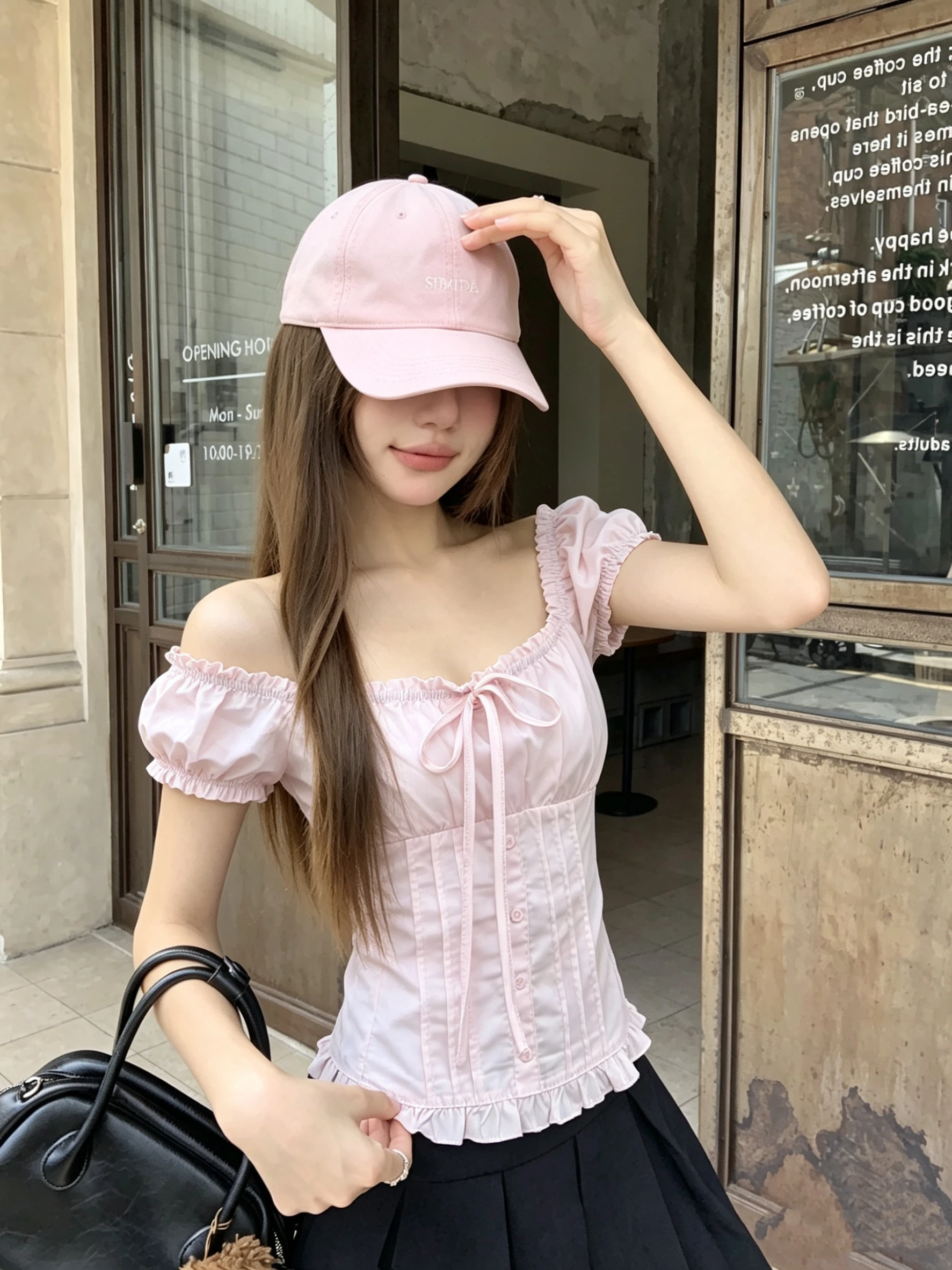 Sweet Style Pink Short Sleeve Shoulder Bared Shirt Women's Summer Slimming Waist Cinched Versatile Top Bubble Sleeve
Sweet Style Pink Short Sleeve Shoulder Bared Shirt Women's Summer Slimming Waist Cinched Versatile Top Bubble Sleeve