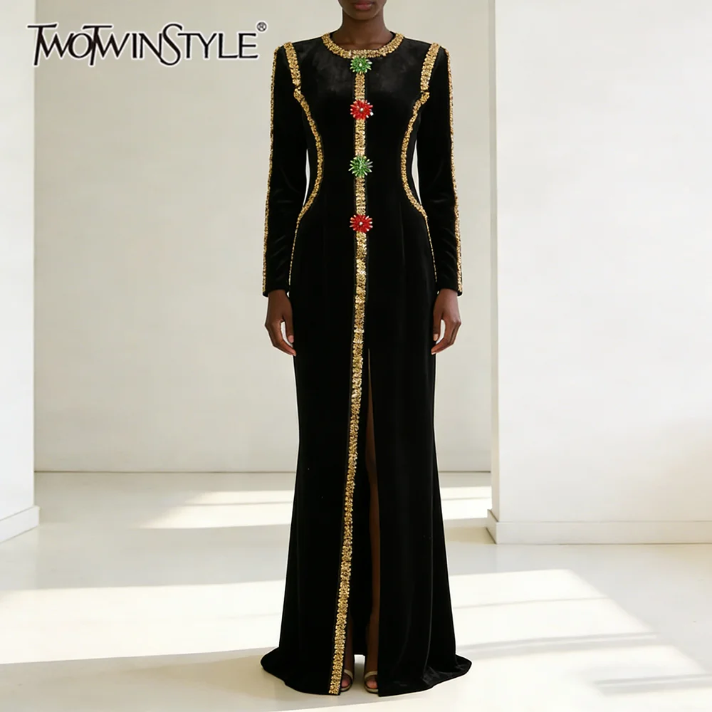 TWOTWINSTYLE Black Loose Spliced Diamonds Chic Dresses for Women O Neck Long Sleeve Gentle Elegant Dress Female Autumn Fashion
TWOTWINSTYLE Black Loose Spliced Diamonds Chic Dresses for Women O Neck Long Sleeve Gentle Elegant Dress Female Autumn Fashion