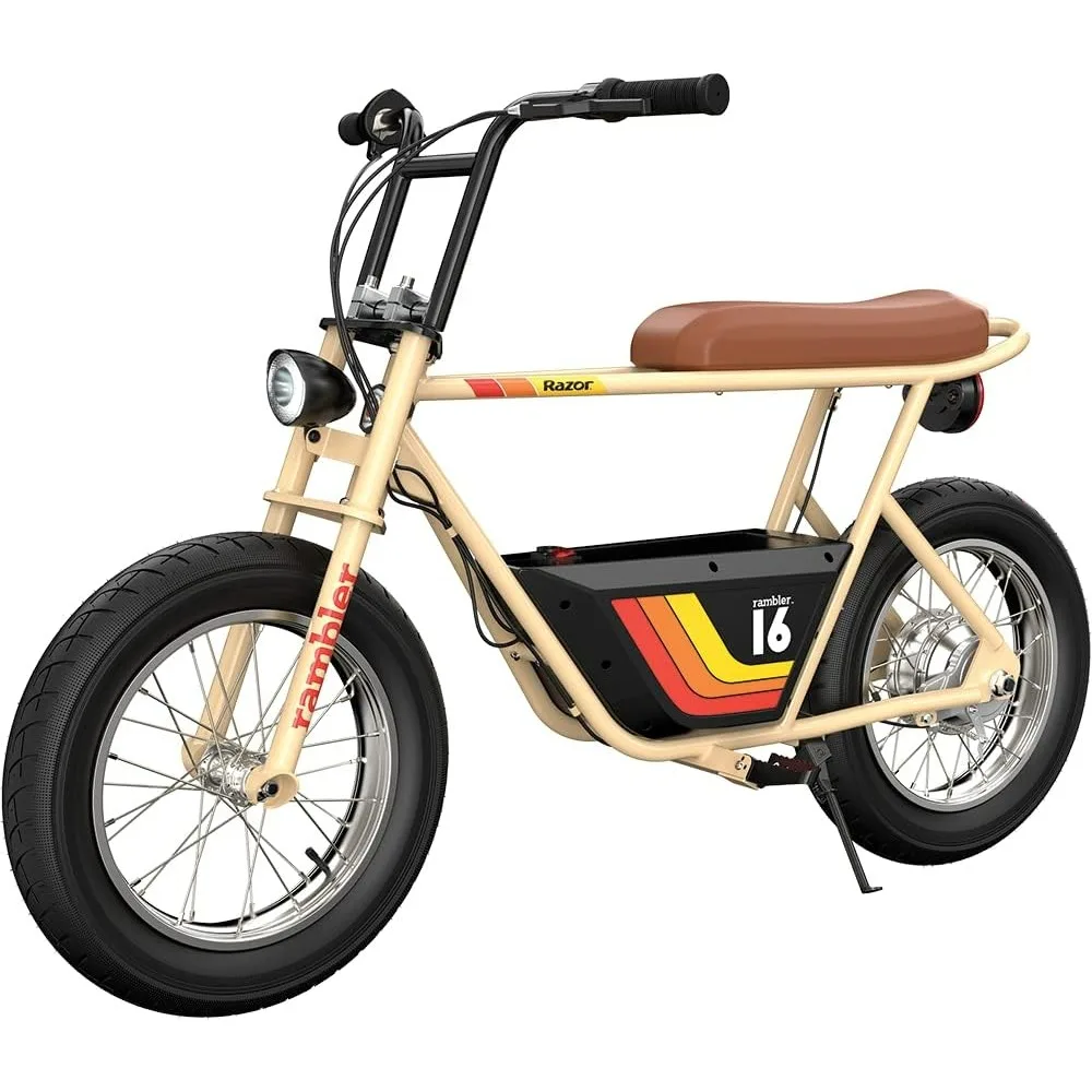 Rambler 16V Electric Minibike with Retro Style, Up to 15.5 MPH, Up to 11.5 Miles Range, Wide, Rugged 16" Air-Filled Tires
Rambler 16V Electric Minibike with Retro Style, Up to 15.5 MPH, Up to 11.5 Miles Range, Wide, Rugged 16" Air-Filled Tires