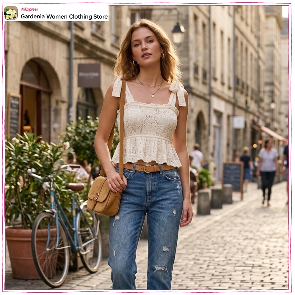 New in Summer Women Straight Neckline Knit Tops with Wide Straps Stylish Romantic Tie Knit Tops with Lace Trim and Elastic Waist
New in Summer Women Straight Neckline Knit Tops with Wide Straps Stylish Romantic Tie Knit Tops with Lace Trim and Elastic Waist