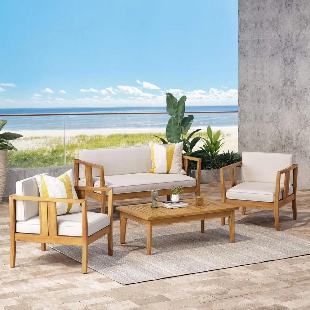 Beatrice Outdoor 4 Seater Acacia Wood Chat Set, Teak and Beige
Beatrice Outdoor 4 Seater Acacia Wood Chat Set, Teak and Beige