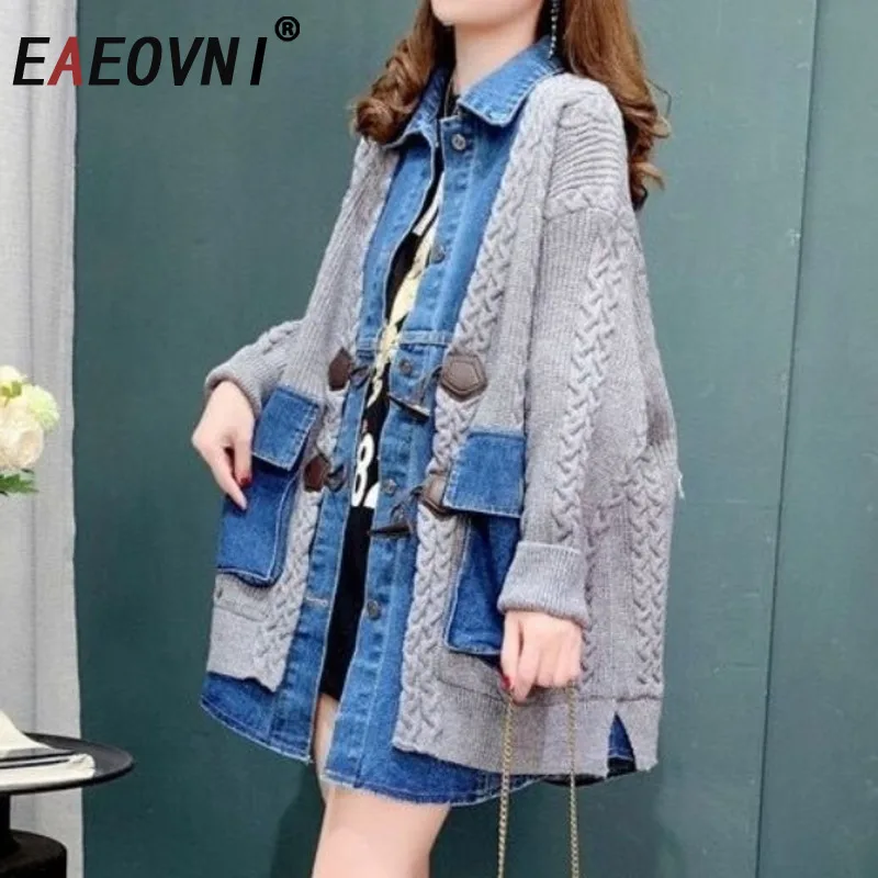 EAEOVNI Denim Patchwork Design Jacket Women Fashion Contrast Color Pockets Button Knitted Coat Streetwear Autumn Winter New
EAEOVNI Denim Patchwork Design Jacket Women Fashion Contrast Color Pockets Button Knitted Coat Streetwear Autumn Winter New