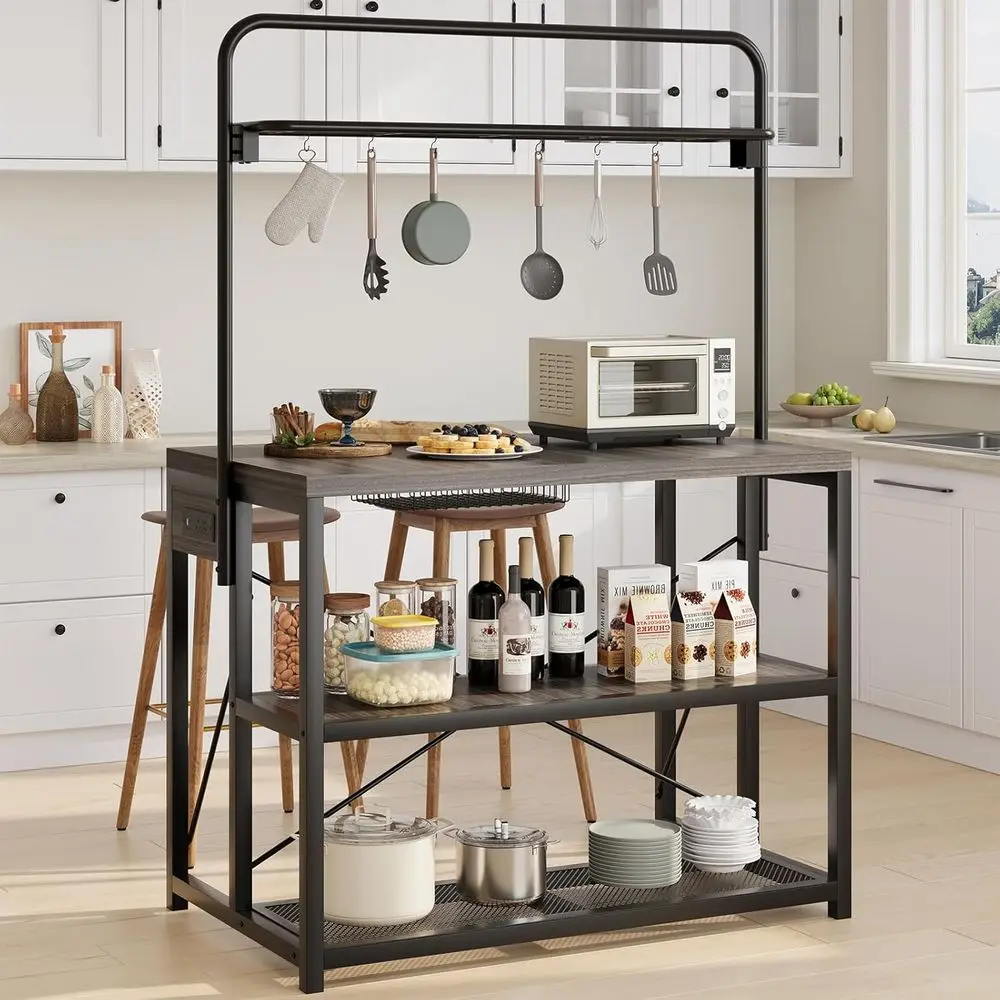 47 Kitchen Island with Storage, Bakers Rack with Power Outlet, Microwave Stand, 3-Tier Shelves & 8 Hooks, Pantry Organizer, Meta
47 Kitchen Island with Storage, Bakers Rack with Power Outlet, Microwave Stand, 3-Tier Shelves & 8 Hooks, Pantry Organizer, Meta