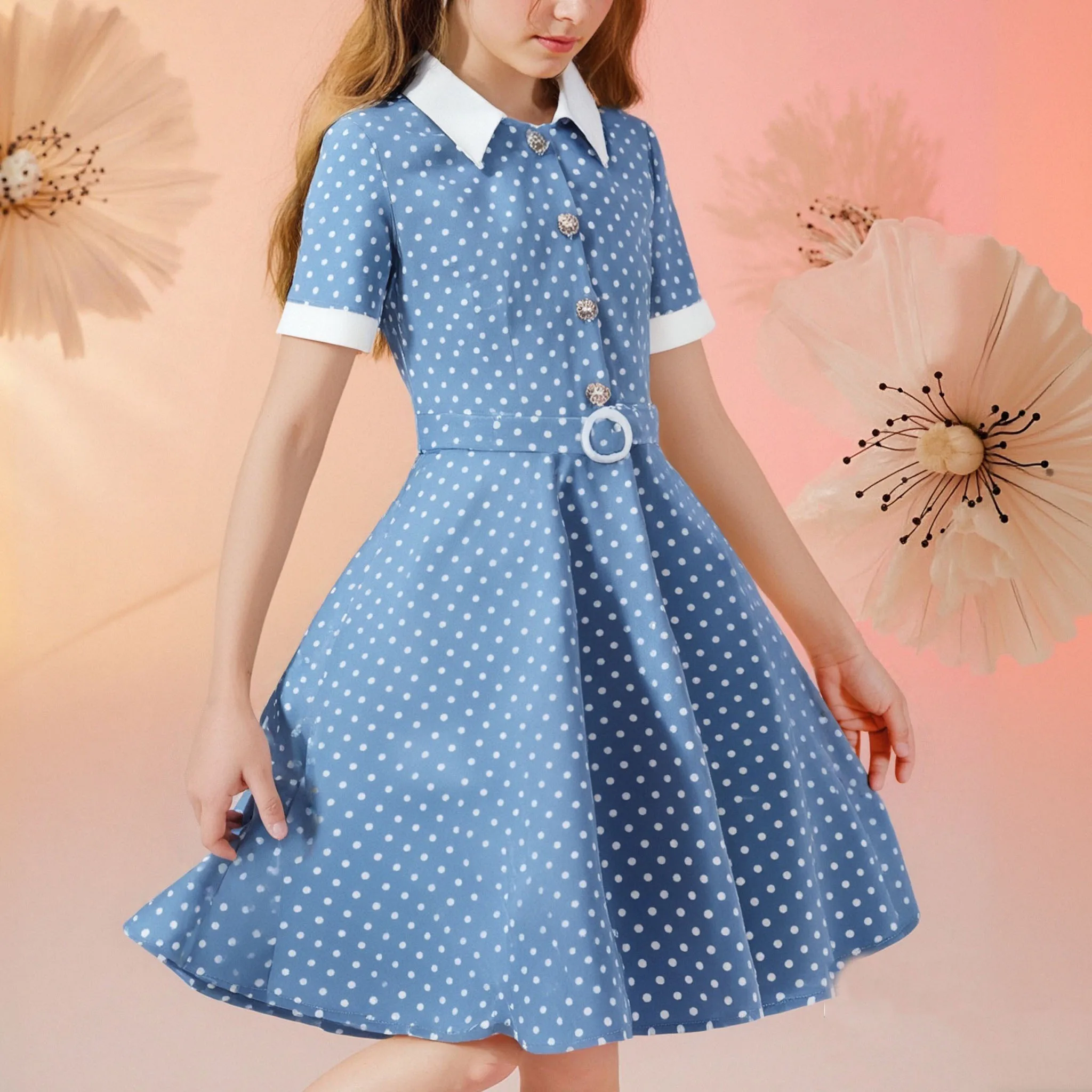 Patchwork Short Sleeve Cotton Girls Vintage Dresses Buttons Front Summer Polka Dot Print Belted Retro Party Cotton Dress for Kid
Patchwork Short Sleeve Cotton Girls Vintage Dresses Buttons Front Summer Polka Dot Print Belted Retro Party Cotton Dress for Kid