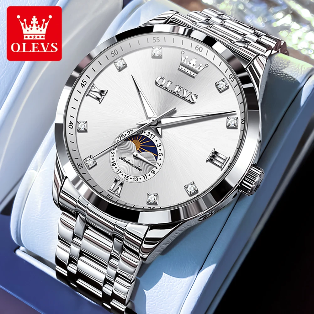 OLEVS 7041 Luxury Automatic Mechanical Men's Wristwatch Moon Phase Stainless Steel Waterproof Luminous Diamond Watch for Man
OLEVS 7041 Luxury Automatic Mechanical Men's Wristwatch Moon Phase Stainless Steel Waterproof Luminous Diamond Watch for Man