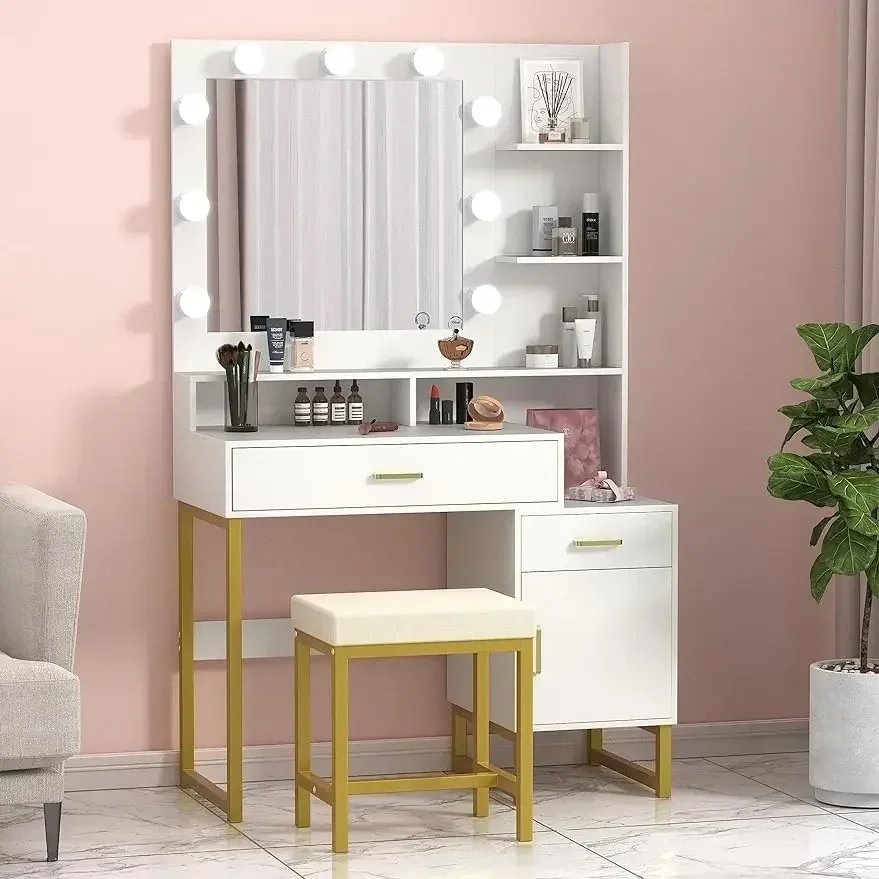 Vanity Set with Lighted Mirror, Makeup Vanity Dressing Table with LED Light Bulbs, Drawers & Storage Shelves, 3 Lighting Modes
Vanity Set with Lighted Mirror, Makeup Vanity Dressing Table with LED Light Bulbs, Drawers & Storage Shelves, 3 Lighting Modes