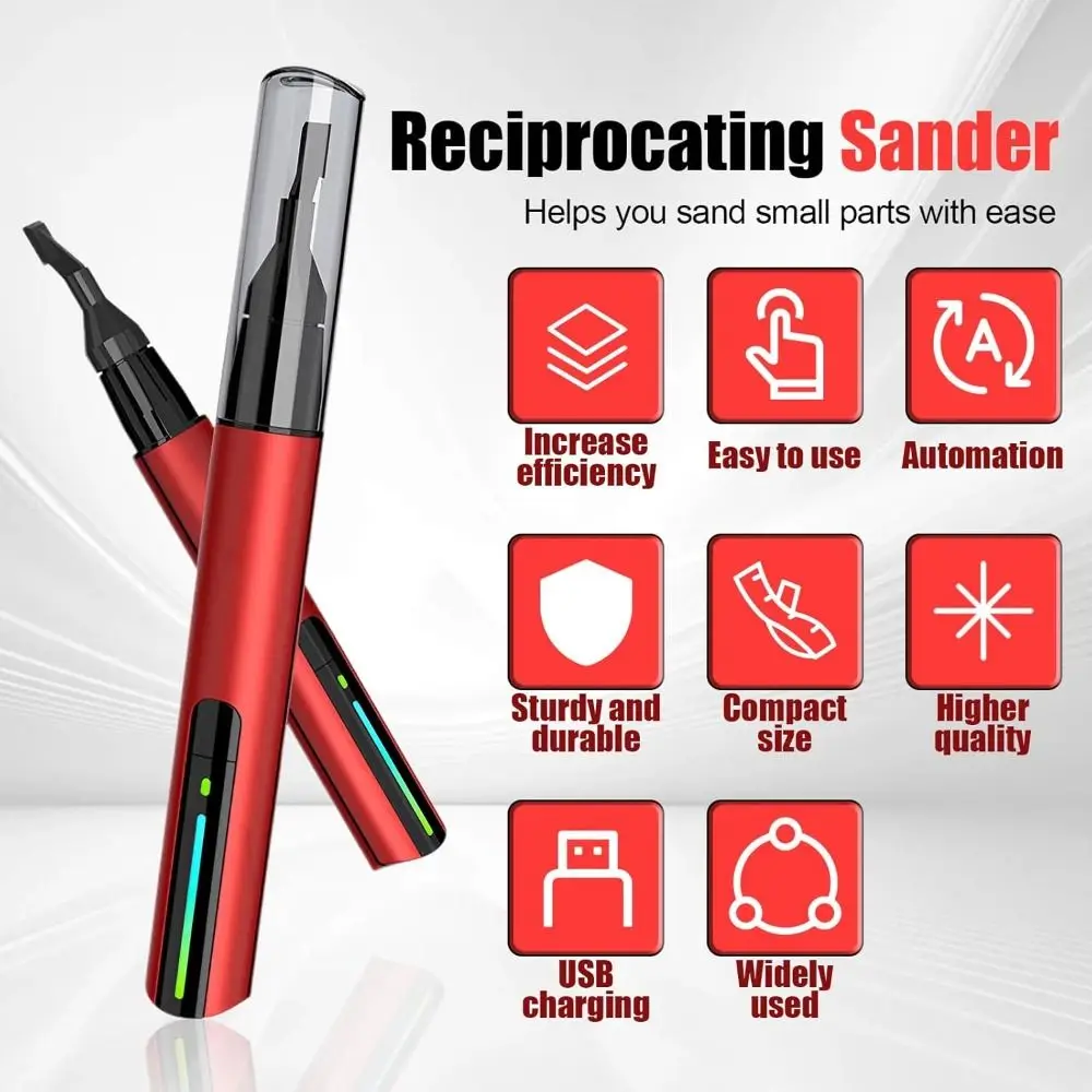 Hot USB Reciprocating Sander Quick Charging Mini Electric Sanding Pen With 8pcs Sanding Head Red Mini Pen Sander
Hot USB Reciprocating Sander Quick Charging Mini Electric Sanding Pen With 8pcs Sanding Head Red Mini Pen Sander