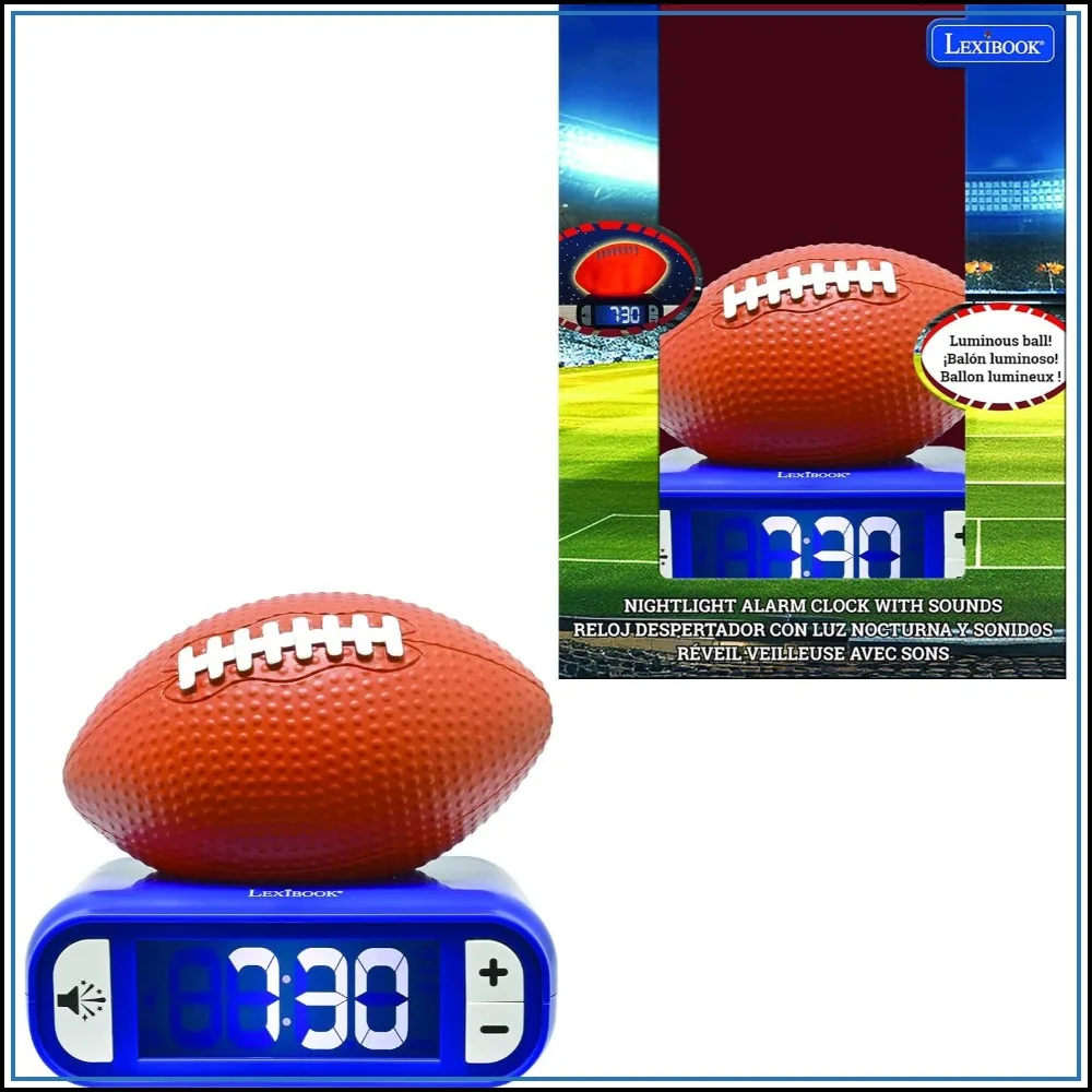 American Football Night Light Alarm Clock with Backlit LCD, Snooze, 6 Melodies, Orange/Blue
American Football Night Light Alarm Clock with Backlit LCD, Snooze, 6 Melodies, Orange/Blue