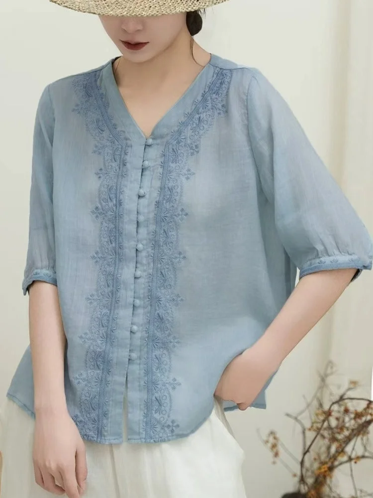 Женский свободный топ из хлопка и льна с вышивкой в стиле ретро, удобный дышащий летний модный повседневный топ с v-образным вырезом 
Женский свободный топ из хлопка и льна с вышивкой в стиле ретро, удобный дышащий летний модный повседневный топ с v-образным вырезом