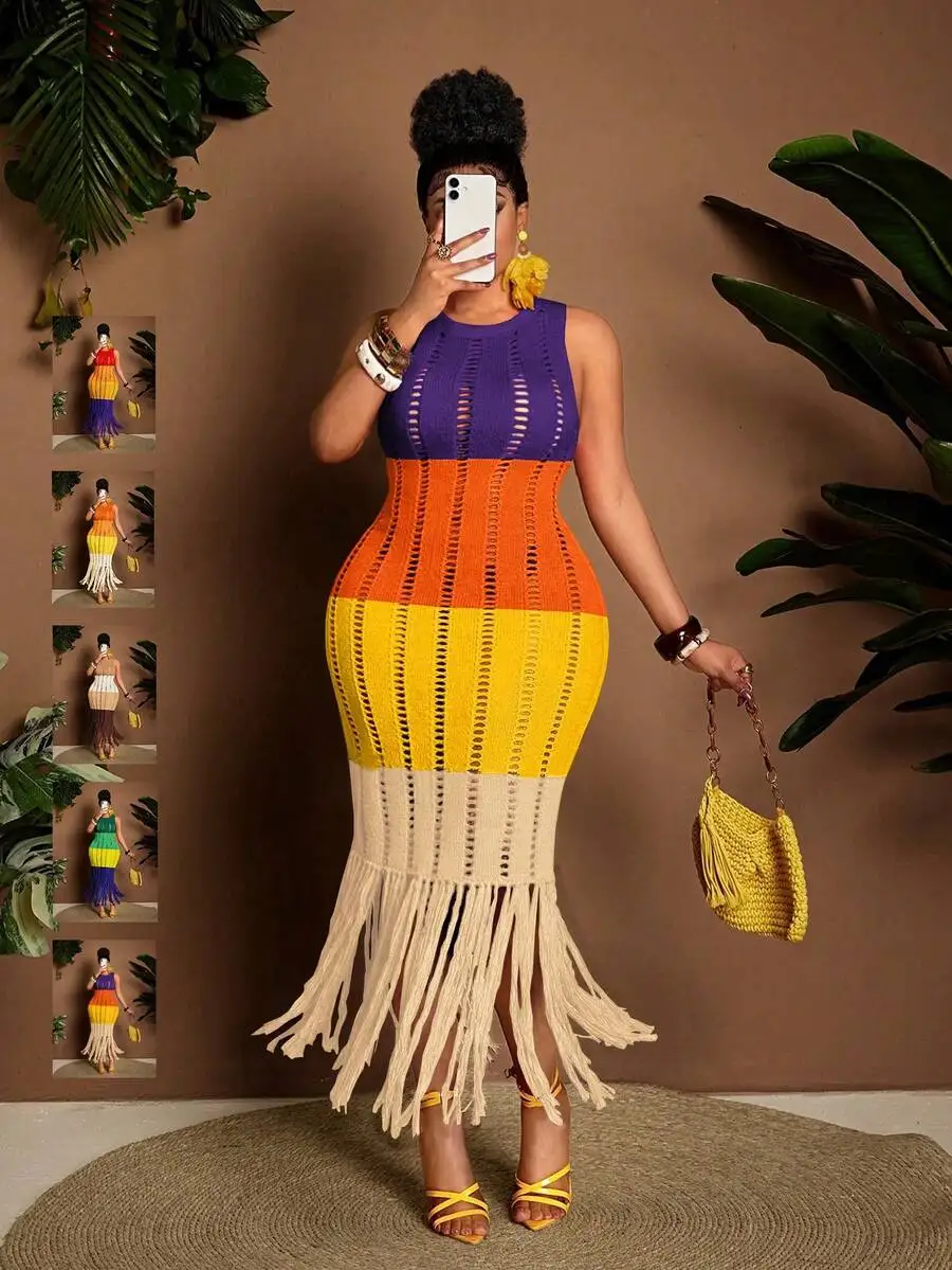 Plus Size Sleeveless Knitted Dress Multicolor Tassels Cutout Round Neck Summer Vacation
Plus Size Sleeveless Knitted Dress Multicolor Tassels Cutout Round Neck Summer Vacation