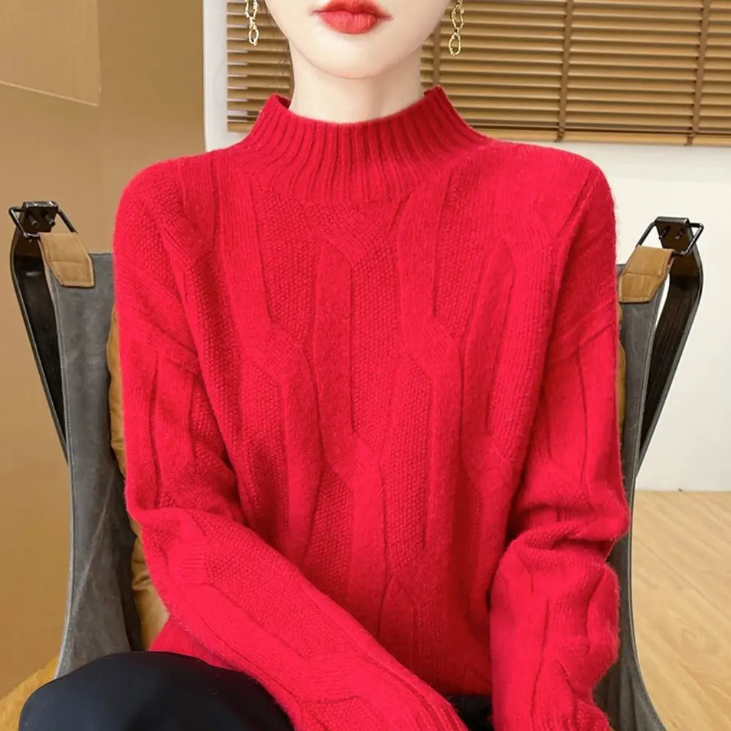 Women's Large Twist Pullover Bottoming Thickened Half Turtleneck Knitwear Loose Fit 100% Wool Autumn Winter Outer Wear
Women's Large Twist Pullover Bottoming Thickened Half Turtleneck Knitwear Loose Fit 100% Wool Autumn Winter Outer Wear