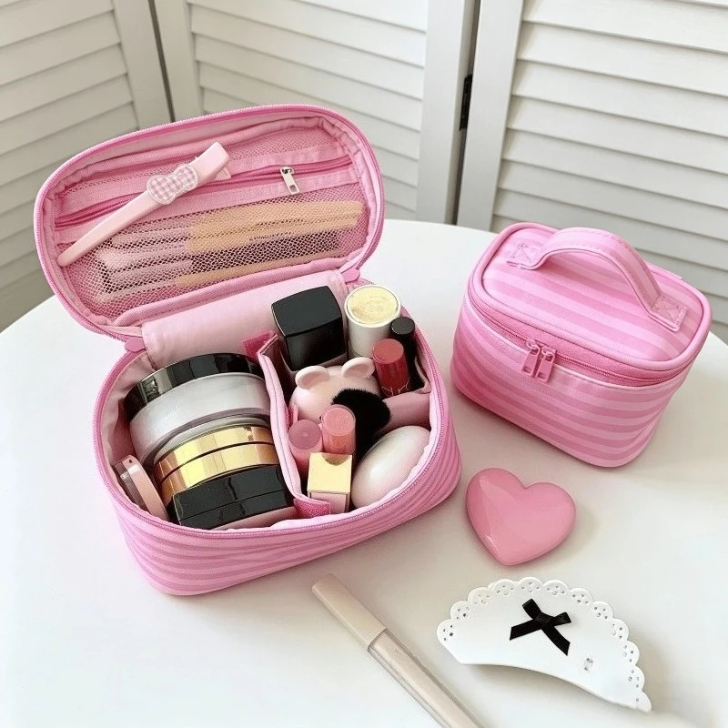 Pink Striped Large Capacity Portable Travel Makeup Bag with Mirror Hand Held Toiletry Organizer Pouch for Women Female Gift
Pink Striped Large Capacity Portable Travel Makeup Bag with Mirror Hand Held Toiletry Organizer Pouch for Women Female Gift