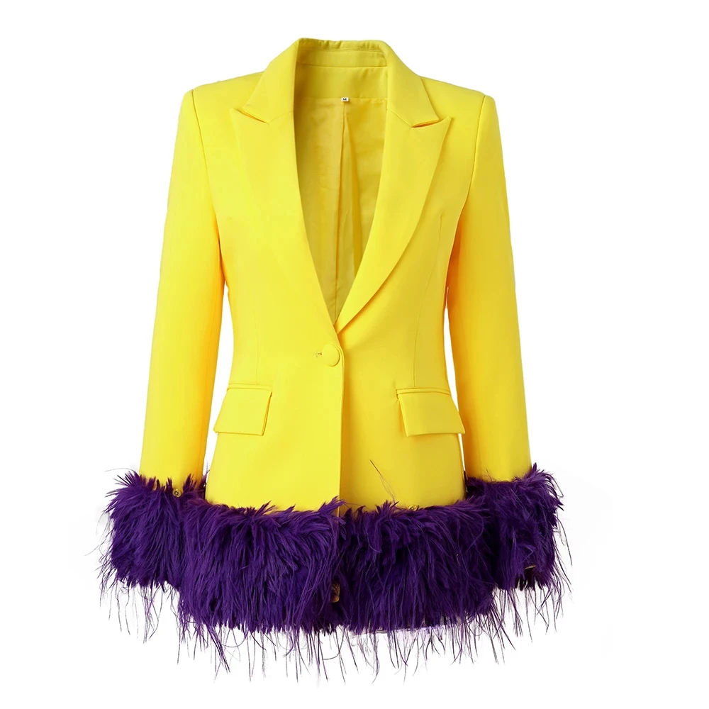 Fall Winter New Design Faux Fur-trim Patchowrk Lemon Yellow Fashion Women Party Jakcets Outstadning Long Blazers
Fall Winter New Design Faux Fur-trim Patchowrk Lemon Yellow Fashion Women Party Jakcets Outstadning Long Blazers