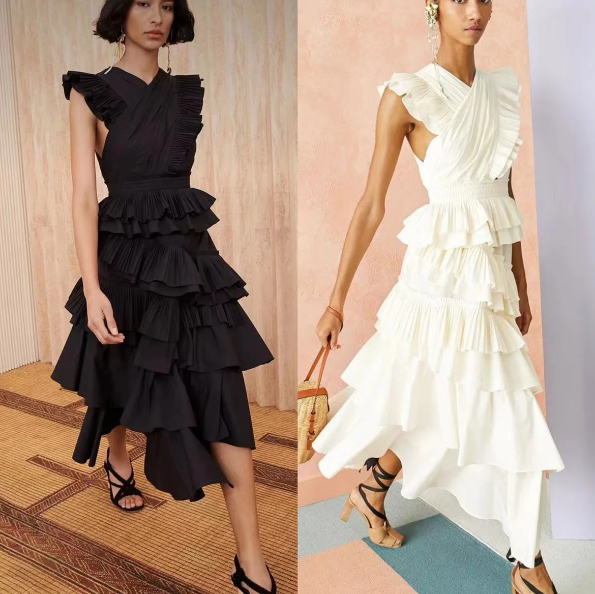 Women high quality Irregular Midi Dress V Neck High Waist Multi-layer Ruffle Temperament lady Pleated Dress
Women high quality Irregular Midi Dress V Neck High Waist Multi-layer Ruffle Temperament lady Pleated Dress