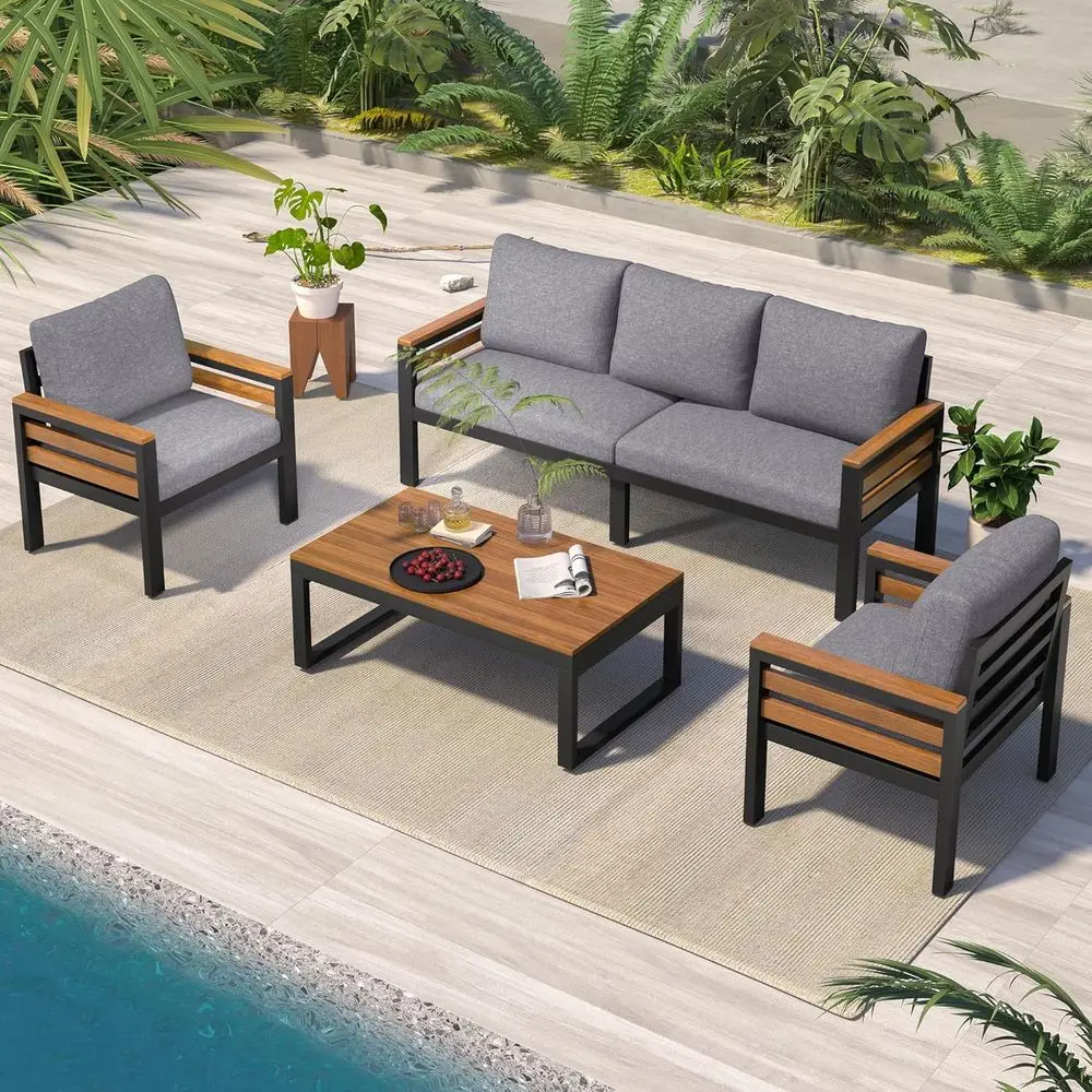 4-Piece Weather-Resistant Outdoor Patio Sectional Sofa Set with Acacia Wood Armrests, Grey Cushions, and Wooden Coffee Table
4-Piece Weather-Resistant Outdoor Patio Sectional Sofa Set with Acacia Wood Armrests, Grey Cushions, and Wooden Coffee Table