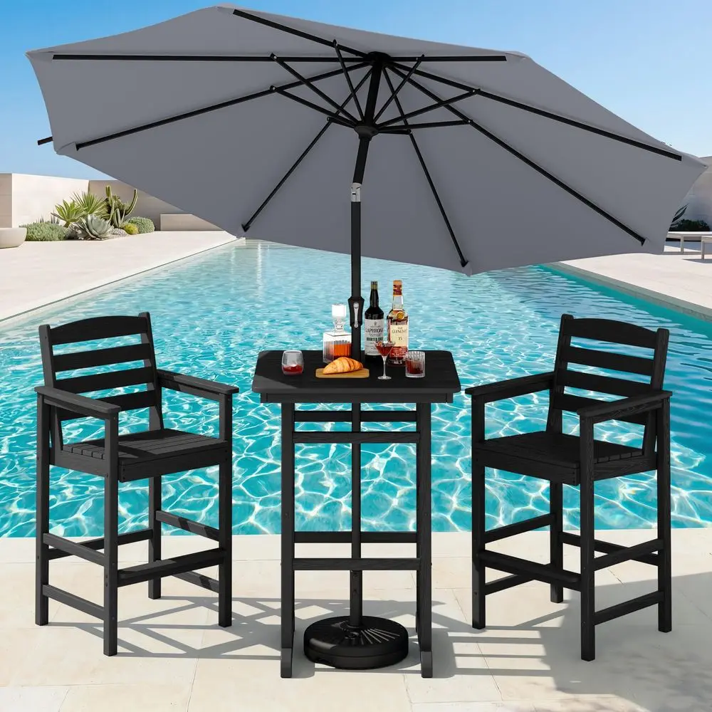 4 Pieces Outdoor Patio Bar Set with 9ft Umbrella, Outdoor HDPE Barstool and Table Furniture Set with Patio Umbrella, Black
4 Pieces Outdoor Patio Bar Set with 9ft Umbrella, Outdoor HDPE Barstool and Table Furniture Set with Patio Umbrella, Black