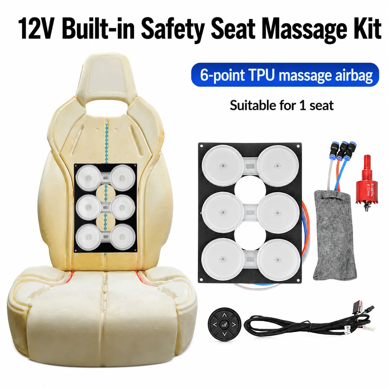 12V Safety Seat Air Massage Kit - Lumbar Support - 6 TPU Airbags - Deep Tissue Car Massage - Relieves Driving Fatigue
12V Safety Seat Air Massage Kit - Lumbar Support - 6 TPU Airbags - Deep Tissue Car Massage - Relieves Driving Fatigue