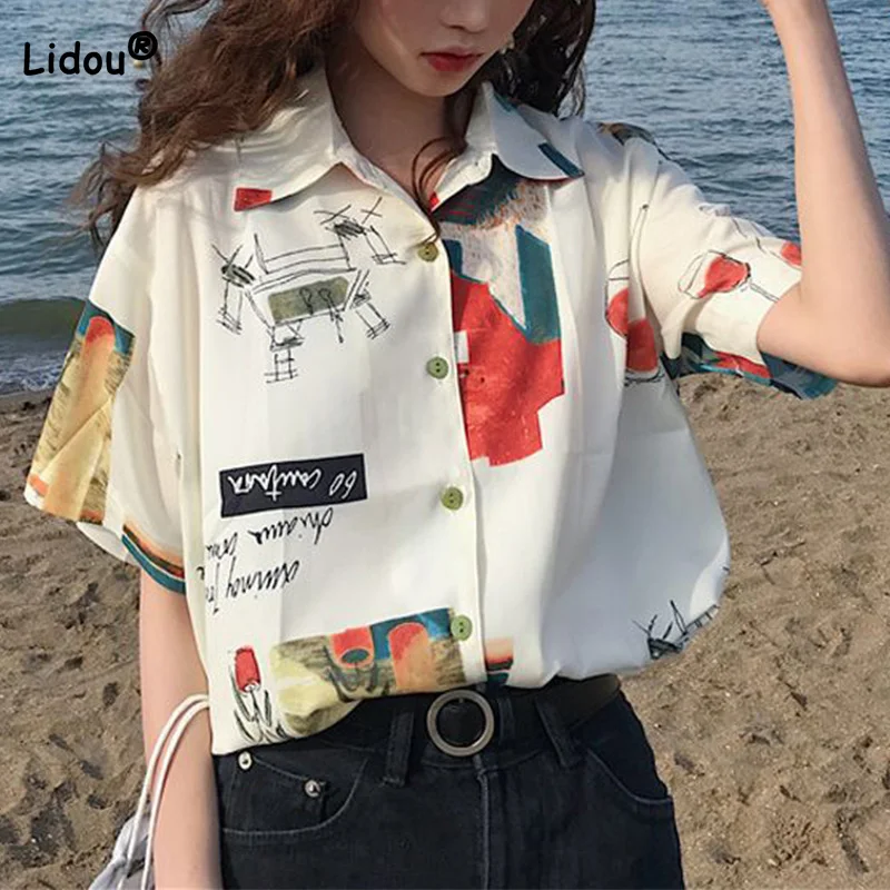 Spring Summer New Korean Edition Turn-down Collar Loose Blouses Pattern Printing Short Sleeved Women's Middle Length Shirt
Spring Summer New Korean Edition Turn-down Collar Loose Blouses Pattern Printing Short Sleeved Women's Middle Length Shirt