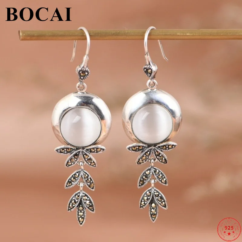 BOCAI Genuine S925 Sterling Silver Earrings for Women New Fashion Round Sythetic Cymophane Leaf-shaped Ear Drop Vintage Jewelry
BOCAI Genuine S925 Sterling Silver Earrings for Women New Fashion Round Sythetic Cymophane Leaf-shaped Ear Drop Vintage Jewelry