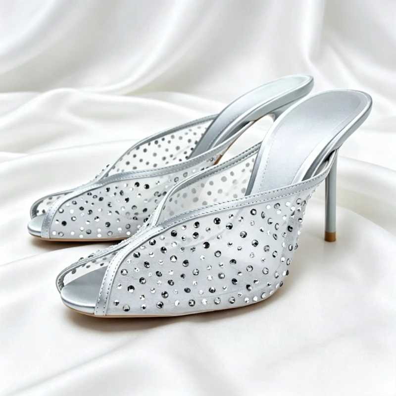 New designer Mesh Heeled Sandals Women Luxury Crystal Detail Peep Toe Mules Comfortable Breathable Summer Women's High Heels
New designer Mesh Heeled Sandals Women Luxury Crystal Detail Peep Toe Mules Comfortable Breathable Summer Women's High Heels