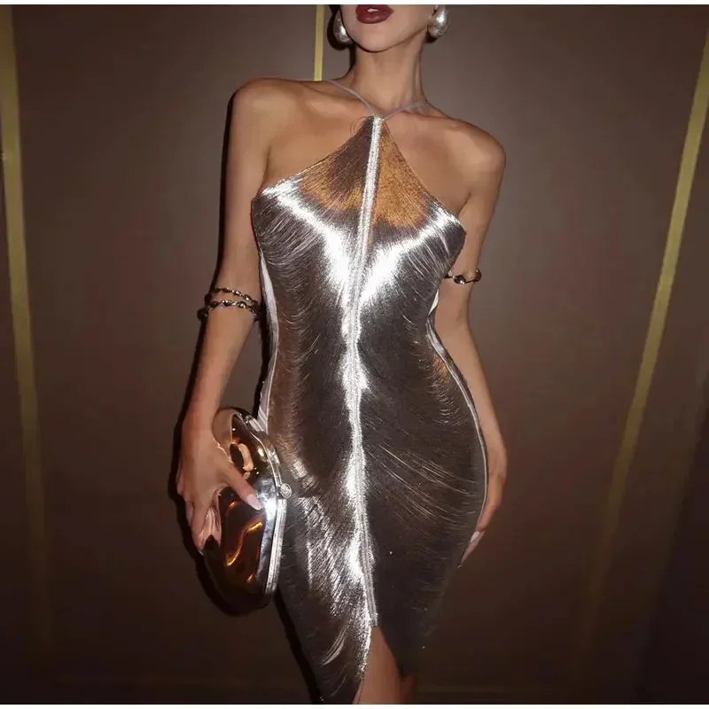 Sexy Hanging Neck Short Dress Women Elegant Metallic Off Shoulder Backless Shiny Fashion Dresses Female Evening Party Vestidos
Sexy Hanging Neck Short Dress Women Elegant Metallic Off Shoulder Backless Shiny Fashion Dresses Female Evening Party Vestidos