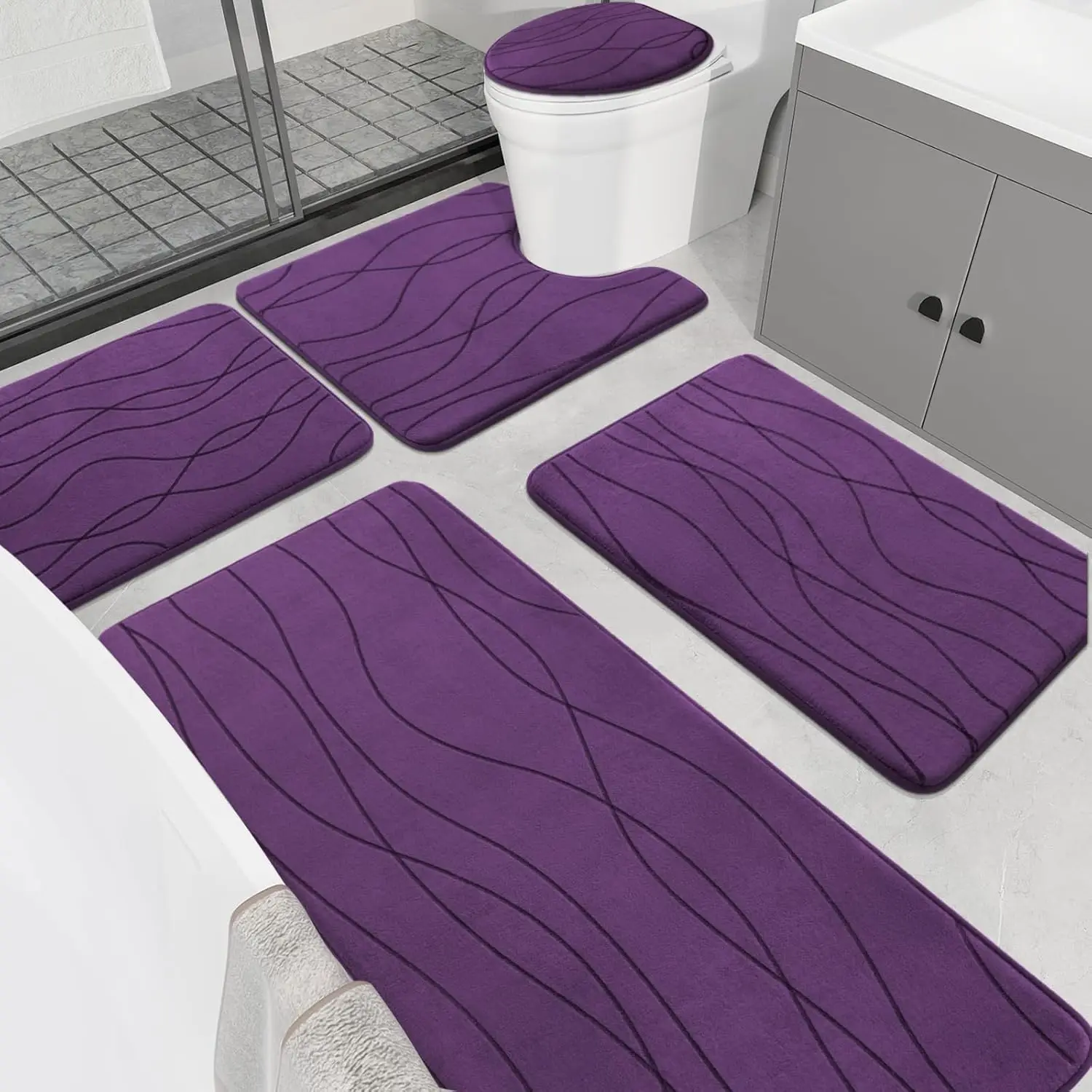 5-Piece Purple Bathroom Rug Set, Ultra Absorbent Non-Slip Memory Foam Mats - Machine Washable & Quick-Dry
5-Piece Purple Bathroom Rug Set, Ultra Absorbent Non-Slip Memory Foam Mats - Machine Washable & Quick-Dry