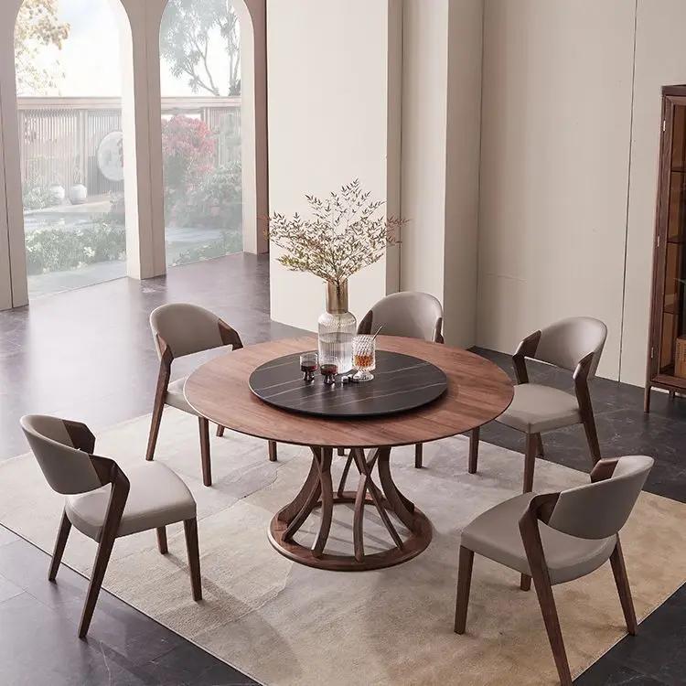 Black walnut round dining table and chair combination 1.5 meters household teak dining table, one table and 6 chairs
Black walnut round dining table and chair combination 1.5 meters household teak dining table, one table and 6 chairs